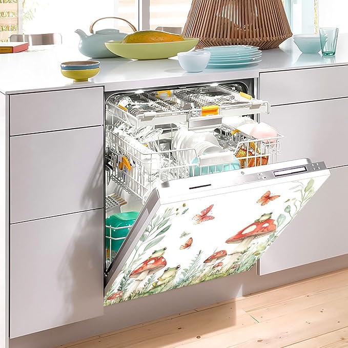 Dishwasher Magnet Cover, Mushroom Frog Butterfly Magnet Sticker Fridge Panel Decal for Home Kitchen Decor, 23x26in