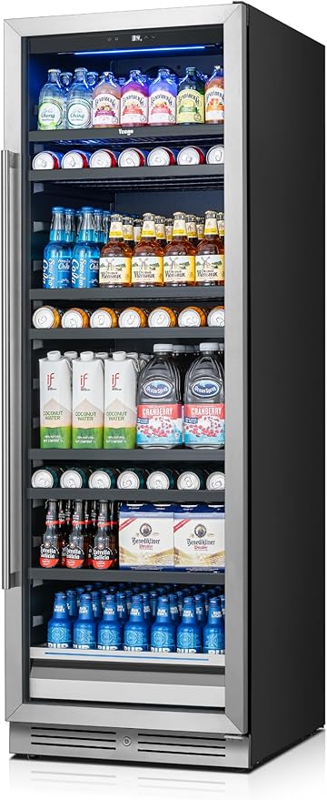 Yeego 24 Inch Large Capacity Beverage Refrigerator, 378 Cans Beverage Cooler with Glass Door & Lock, Built-In or Freestanding Drink Fridge for Soda, Beer & Wine, Office, Bar or Entertainment Area
