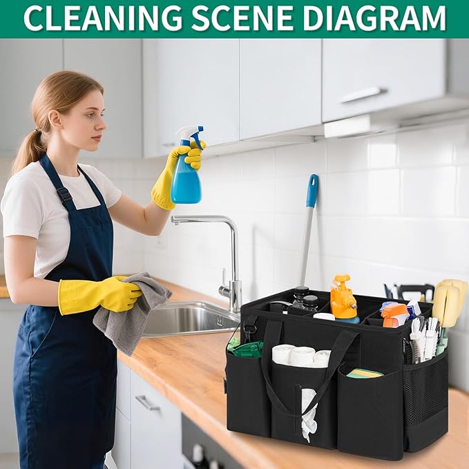 Wearable Cleaning Caddy Bag for Cleaning Supplies, Large Capacity Cleaning Organizer Tote Bag Simple Kitchen Cleaning Supplies Storage Bag for Cleaners Housekeepers (Black)