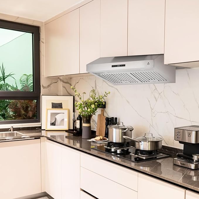 30-Inch Under Cabinet Range Hood, Stainless Steel Kitchen Ventilation with 400 CFM, 3-Speed Touch Control Panel, Kitchen Exhaust Fan for Home and Small Apartment, Silver