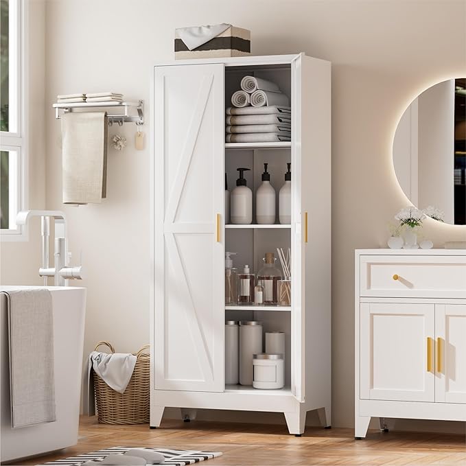 Metal Kitchen Pantry Cabinet, 61" White Farmhouse Storage Cabinet with 2 Vintage Barn Doors and 3 Adjustable Shelves, Rustic Freestanding Cupboard for Kitchen,Home Office Living Room,Dining Room