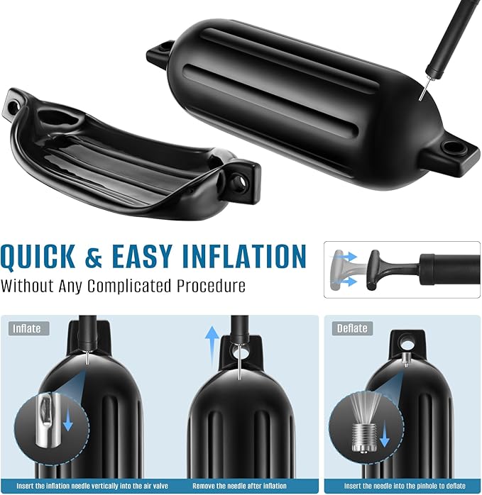 Boat Fenders 6.5 x 23 Inch Twin Eyes Ribbed Boat Fenders Bumpers Pack of 4 with Lines and Pump to Inflate for Docking (Black)