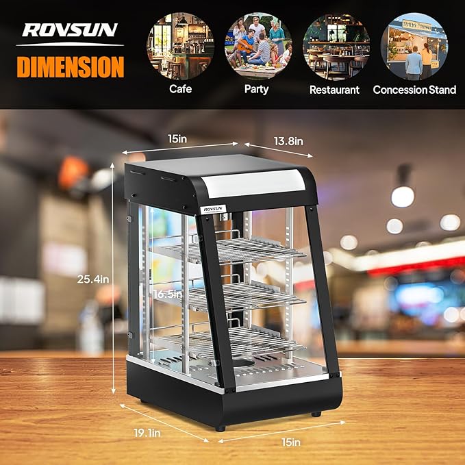 ROVSUN 15" Commercial Food Warmer Display Pizza Warmer, 3-Tier Electric Countertop Food Warmer w/LED Lighting Adjustable Removable Shelves Glass Door, Pretzel Warmer for Buffet Restaurant, 1000W