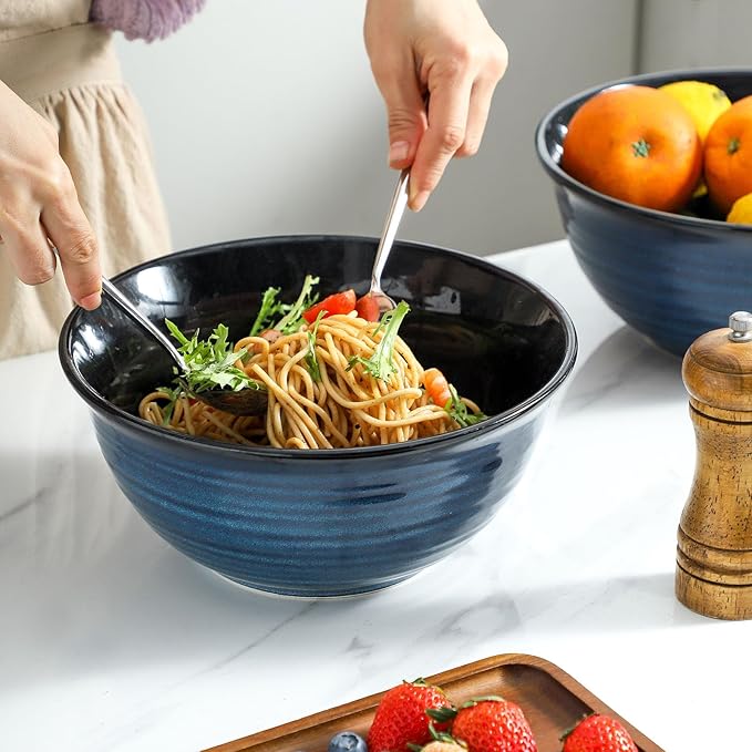 MEKY Serving Bowls, 9 Inch Large Ceramic Salad Bowls for Kitchen, 84 Ounce Mixing Bowl Set of 2, Perfect for Cooking Baking Soup Pasta Fruit and Popcorn, Microwave and Dishwasher Safe, Blue