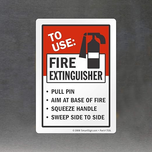 SmartSign 5" x 3.5" 'to Use Fire Extinguisher Pull Pin Aim at Base Squeeze Handle Sweep Side to Side' Sticker Label with Symbol, 3 mil Laminated Adhesive Polyester, Red/Black/White, USA-Made
