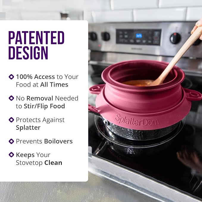 L.I.Q Silicone Splatter Guard – Fits 10 and 12 Inch Pots (25 and 30 Centimeters) – Microwave Safe and Durable SplatterDom - Includes 10” Lid - Food and Oil Splash Guard (Bordeaux, Large)