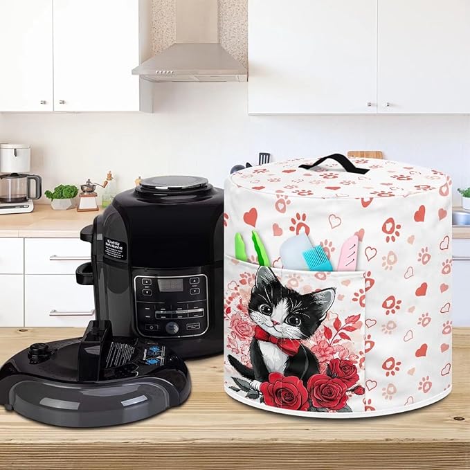 Cat Rose Heart Love Print Dust Cover for 8 Quart Instant Pot, Dust Proof Pressure Cooker Cover Valentine's Day Decoration Electric Appliance Cover Air Fryer Accessories with Pocket and Handle