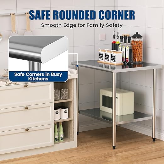 Stainless Steel Work Table 30 x 36 Inch with Adjustable Undershelf, Heavy-Duty Metal Prep Table for Commercial Kitchen & Restaurant, Garage, Outdoor