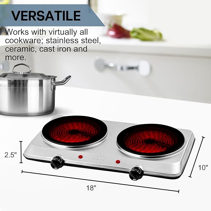 OVENTE Countertop Infrared Double Burner, 1500W Electric Hot Plate and Portable Stove with 7.5” Ceramic Glass Cooktop, 6 Level Temperature Setting and Easy to Clean Base, Silver BGI202S