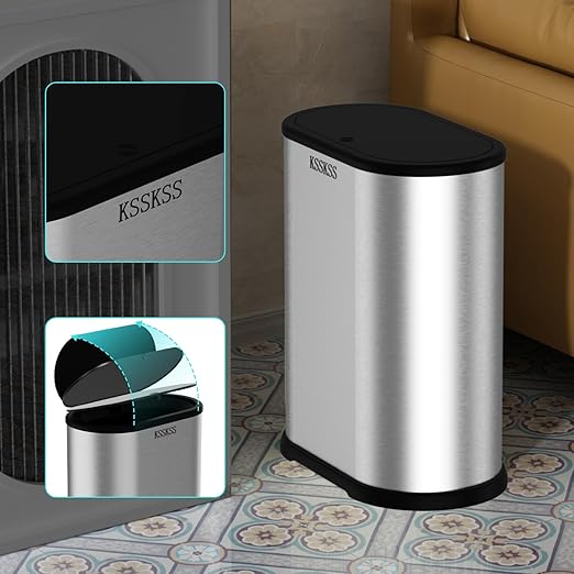 1.8 Gallons Small Stainless Steel Trash Can with Press Type Lid, Slim Bathroom Garbage Bin, Removable Liner Bucket, Dog Proof Narrow Wastebasket with Pop-Up Lid for Bedroom,Toilet (Silver)