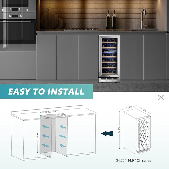 EUHOMY 15 Inch Wine Fridge, 33 Bottle Dual Zone Wine Cooler Refrigerator with Glass Door, Built-In or Freestanding Wine Refrigerator with Digital Temperature Control, for Home, Bar, Office