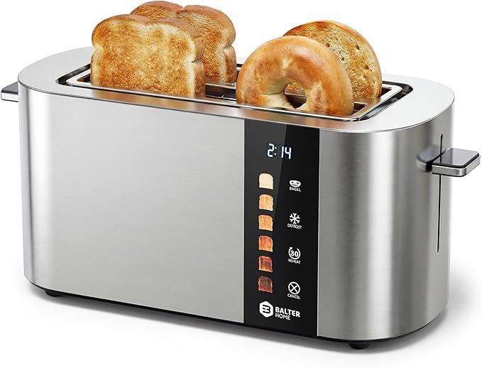 Toaster 4 Slice Wide Slot, Bagel Function, Long Slot, Stainless Steel, Touch Screen, Built-in Rack, Extra-Wide 1.5" Slots for Thick Breads & Bagel, Timer, BPA-Free, 6 Levels, Removable Tray