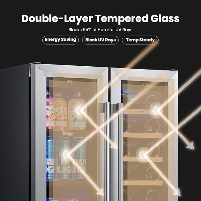 Yeego 24 Inch Wine and Beverage Refrigerator - 60 Cans & 20 Bottles Wine Fridge with Glass Door, 36-72°F Built-In or Freestanding Dual Zone Wine Cooler for Kitchen Bar Office Beer Soda Drink