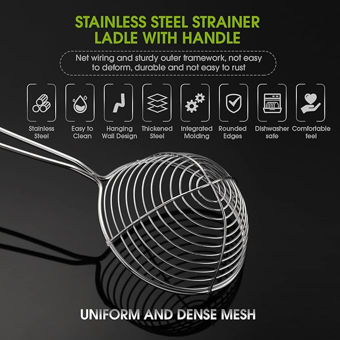 Geiserailie 12 Pieces 6 Pieces Hot Pot Kit Strainer Scoops Stainless Steel 2.5 Inch Mini Spider Strainer Skimmer Pasta Mesh Spoon Asian Skimmer Spoon Ladle with Handle for Home (Black)