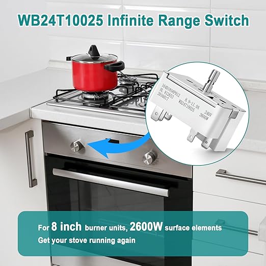 WB24T10025 Infinite Range Control Switch for GE Electric Range Stove, 8 Inch Surface Burner, Replacement for AH236750, EA236750, AP2024072, 769692, PS236750