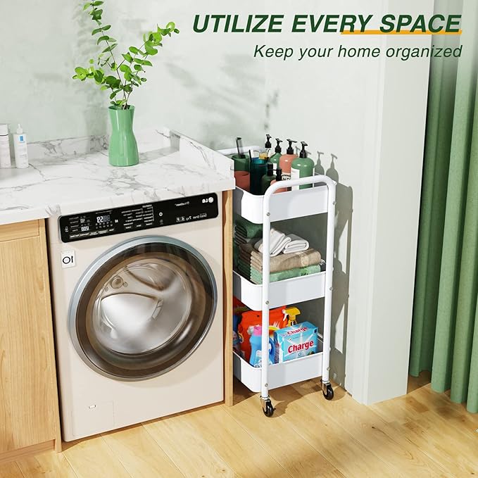 LEHOM 3 Tier Rolling Storage Cart, Metal Trolley Utility Cart with Wheels & Hooks, Easy Assembly Organizer Storage Cart for Bathroom Kitchen Office Bedroom