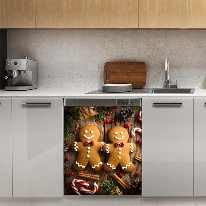 Christmas Gingerbread Men Candy Dishwasher Magnet Cover, Reusable Refrigerator Panel Stickers Microwave Front Door Covers Magnets for Kitchen Home Appliances Holiday Party Decorations 23 X 26 in