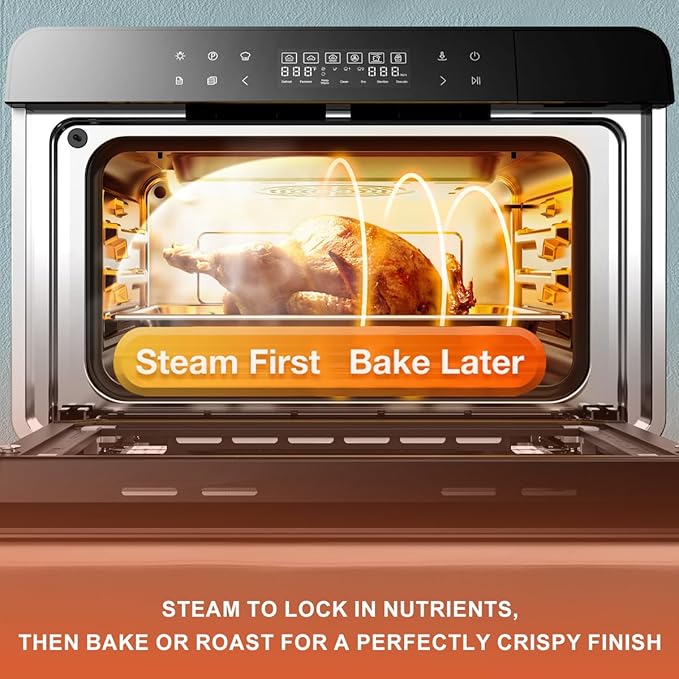 ROBAM Toaster Steam Combi Oven, Countertop Air Fryer 20-in-1 Oven with Convection & Grill, Stainless Steel Interior, 3-Layer Insulated Glass Door, 3 Steam Modes, 30 Built-In Recipes (Pink)