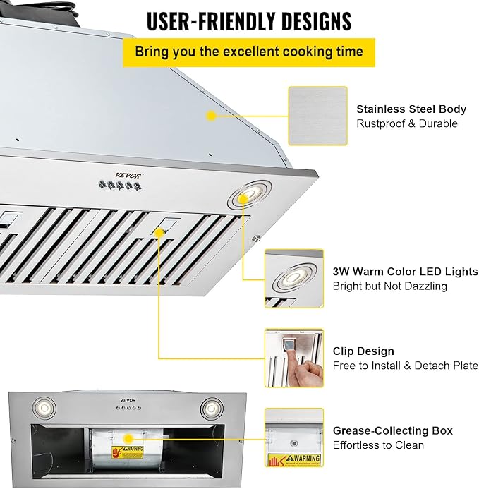 VEVOR Insert Range Hood, 800CFM 3-Speed, 27 Inch Stainless Steel Built-in Kitchen Vent with Push Button Control LED Lights Baffle Filters, Ducted/Ductless Convertible, ETL Listed…