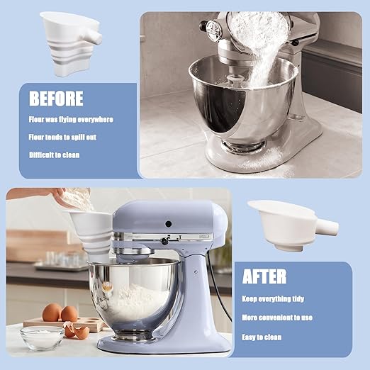 Flour Funnel for Kitchen Mixer，Silicone Funnel with Easy-Pour Attachment Fits 4.5 & 5Quart Tilt-Head Mixers, Easy Clean Durable Mess-Free Baking Accessory ((White,KSM150)