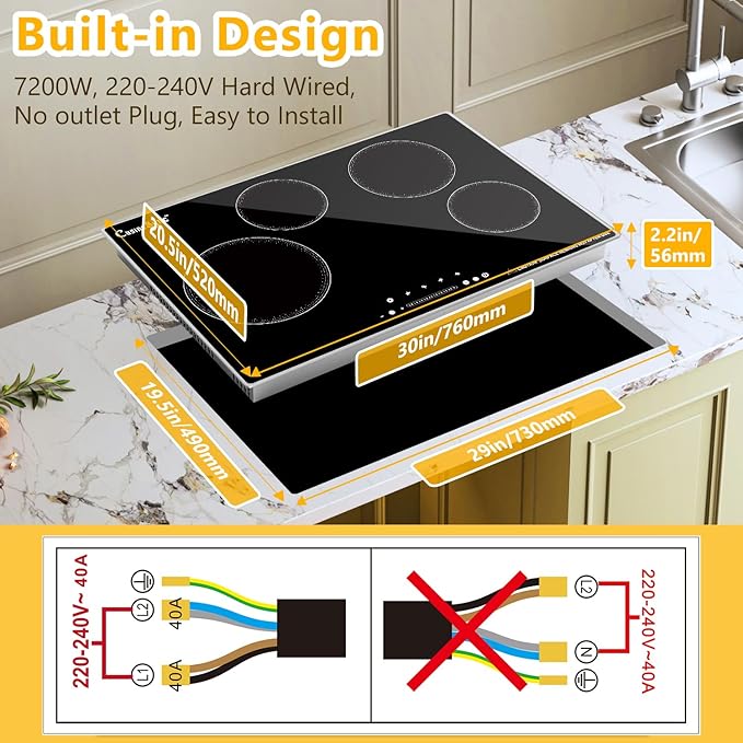 30 Inch Built-In Radiant Electric Cooktop, 4 Burner Smoothtop Stove Top with Expandable Dual Zone, 7200W 240V Hardwired Touch Control, 9 Power Levels, Timer, Child Lock & Hot Surface Indicator