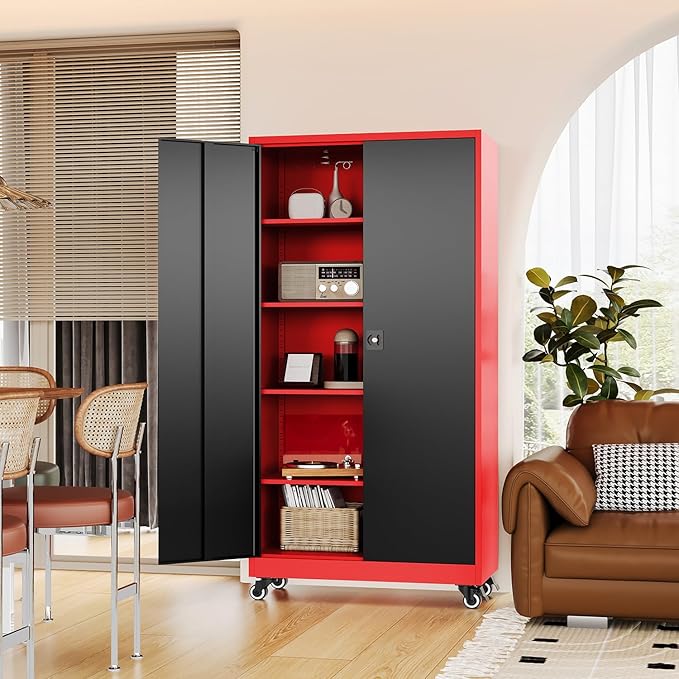 Metal Rolling Storage Cabinet-74.6” Tall Steel File Cabinets with Wheels Lockable Doors and Adjustable Shelves-Black & Red Steel Storage Cabinet for Home, School, Office, Garage