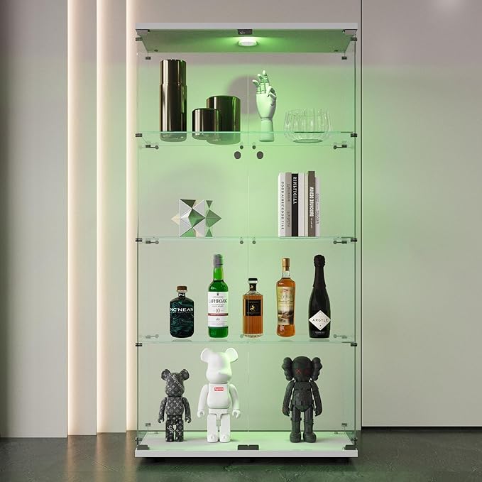 64.5" H 4-Shelf LED Lights Glass Display Cabinet with Double Door,Modern Curio Cabinet Collection Display Case,Floor Standing Bookshelf Glass Case with Lock for Living Room,Home Office (White)