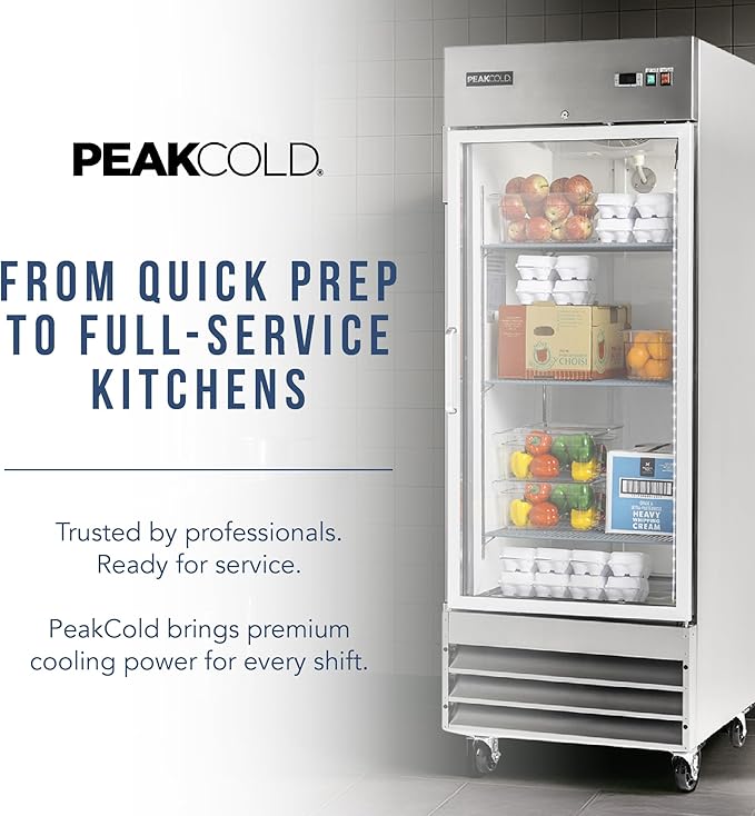 PEAKCOLD Single Glass Door Commercial Refrigerator - 23 Cubic Ft, 29" Wide Stainless Steel Reach-In Commercial Refrigerator with White Internal Lighting - Freestanding Industrial Fridge