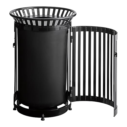 45 Gallon Commercial Black Waste Bin with Flat Lid & Door, Heavy-Duty Outdoor Trash Can Steel Slatted, Round Recycle Container, Durable Garbage Can for Parks, Municipalities, Schools, Parking