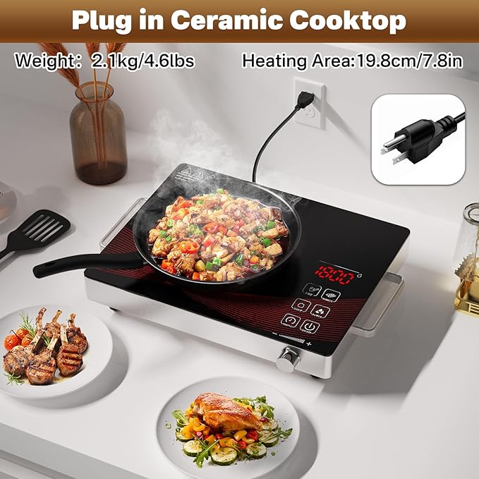 1800W Infrared Hot Plate, Portable Electric Ceramic Cooktop with Timer & Touch Control, 18 Heat Levels Single Burner, Non-Induction Countertop Stove for All Cookware, 110V