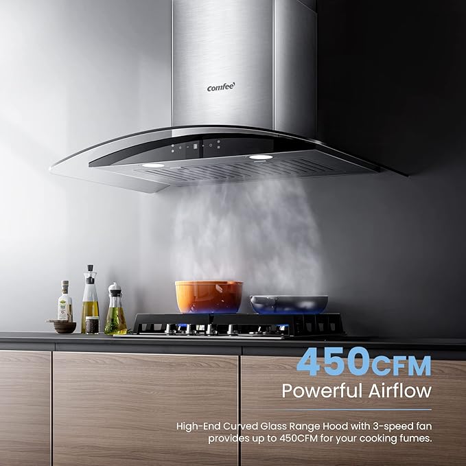 COMFEE' Curved Glass Range Hood 30 Inch 450 CFM 3 Speed Gesture Sensing &Touch Control Panel Stainless Steel kitchen Ductless/Ducted Convertible with Baffle Filters and 2 LED Lights (CVG30W9AST)