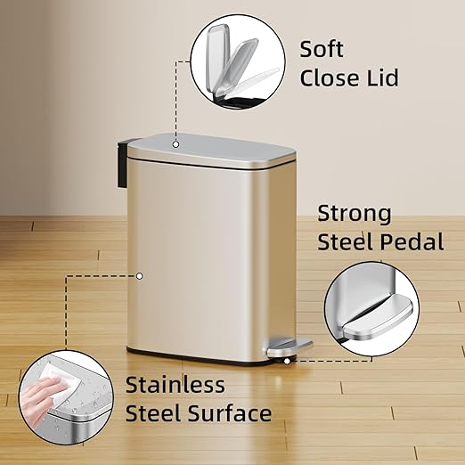 Small Bathroom Trash Can with Lid Soft Close, Step Pedal, 6L / 1.6 Gal Stainless Steel Garbage Bin with Removable Inner Bucket, Slim Wastebasket for Narrow Spaces (Silver)