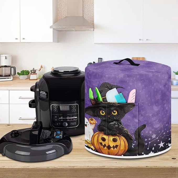Halloween Cute Black Cat Pressure Cooker Dust Cover with Top Handle and Storage Pocket 3 Quart Air Fryer Rice Cooker Protector Covers Kitchen Appliance Decoration