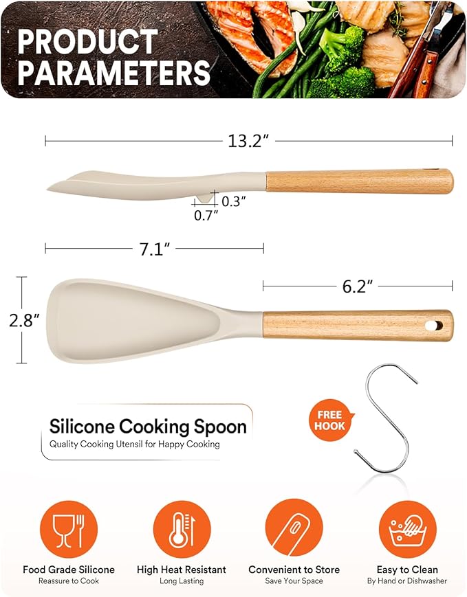 Cooking Spoon for Nonstick Cookwares, Great for Cooking and Serving Sturdy BPA-Free Matte Silicone, Wood Handle Spoon for Mixing, Scoop, and Scrape (KHAKI, 13.4 inch)