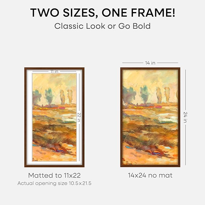 Homeforia 14x24 Picture Frame Brown, High End Dark Oak 14x24 Poster Wood Frame with Mat 11x22 for Photo, 14 x 24 Wooden Walnut Frame Matted to 11 x 22, 24x14 Frames, Tempered Glass, Wall Kit, Set of 1