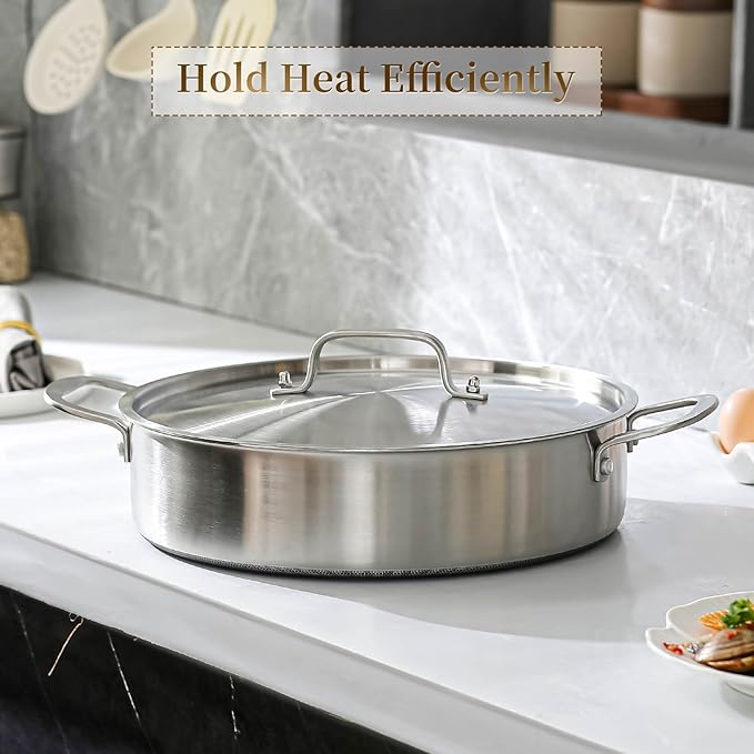 DELARLO 8Quart Tri-Ply Stainless Steel Non Stick Braiser Pan with Lid,13inch Deep Frying Pan,Large Saute Pan,Jumbo Cooker,Induction Compatible,Heavy Duty and Oven Safe