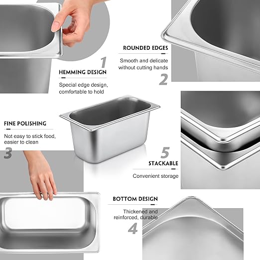 10 Pack Hotel Pans Stainless Steel Steam Table Pan 1/3 Size, 0.8 mm Thick Anti Jam Warming Pans for Food Warmer Restaurant Catering Supplies, 12.8 x 6.9 Inch(6 Inch Deep,Standard)