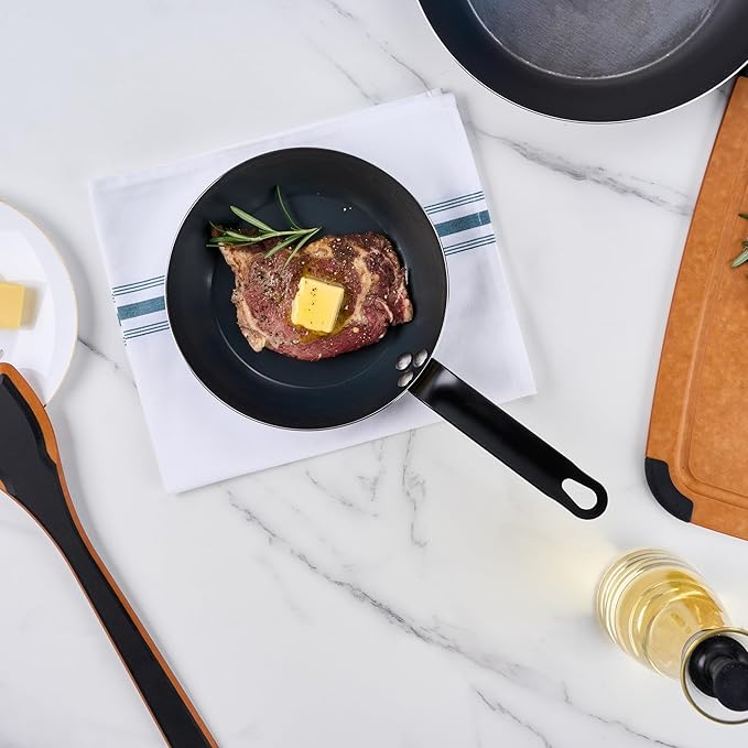 Restaurantware-Met Lux 8 Inch Fry Pans, 6 Lightweight Frying Pans - Induction-Ready, Triple-Riveted, Black Carbon Steel Cooking Skillets, Durable, For Searing, Sauteing, And Browning Food
