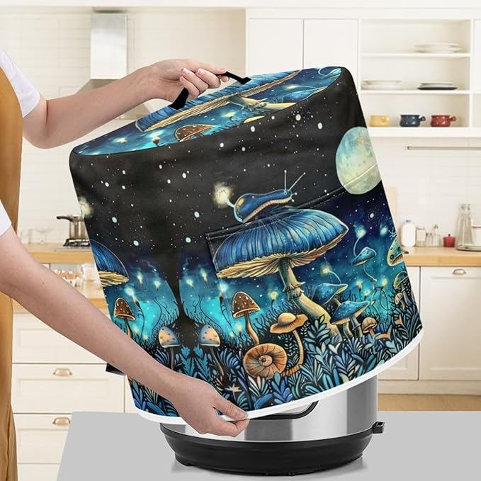 Flashideas Blue Mushroom Pressure Cooker Cover for Women Dust Protection Insulated Rice Cooker Cover Water Resistant Dust Cover with Pockets for Instant Pot 6 Quart Vintage Appliance Cover for Kitchen