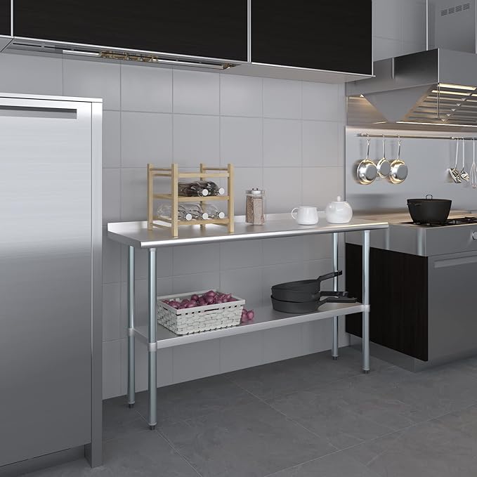 AmGood 60" Long x 18" Deep Stainless Steel Work Table with 1.5" Backsplash | Metal Kitchen Food Prep Table | NSF