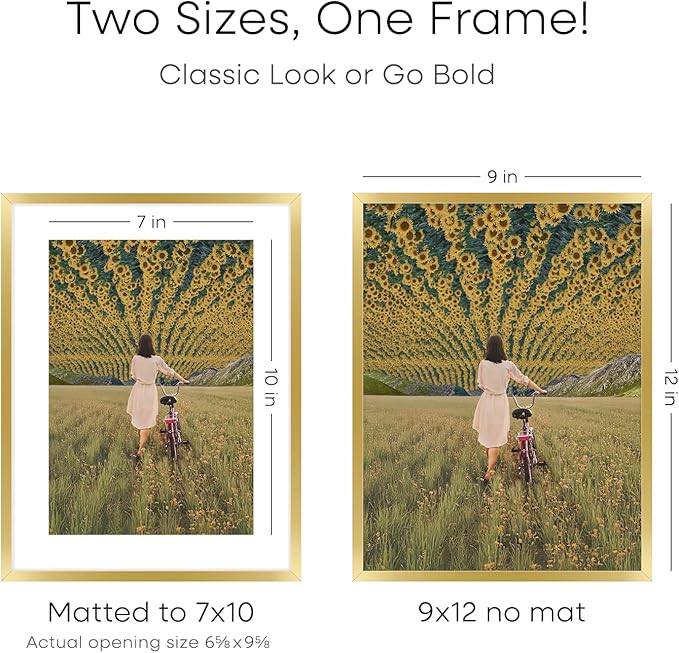 Homeforia 9x12 Gold Frame, High End Metal 9 x 12 Picture Frames with Mat 7 by 10 inch Photo, 9by12 Thin Poster Frame Matted to 7x10 Art, 12x9 Wall or Tabletop Frame, Tempered Glass, Wall Kit, Set of 3