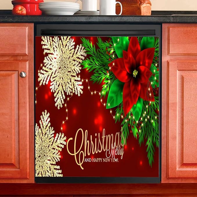 ALAZA Dishwasher Magnet Cover Panel for The Front,Christmas Red Poinsettia Snowflakes Magnetic Covers Sticker Decal Washing Machine Decorative Home Season Decor,26x23