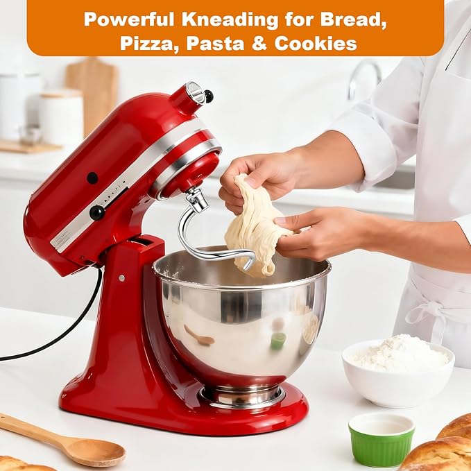 Stainless Steel Spiral Dough Hook for Kitchen Aid 4.5QT / 5QT Tilt-Head Mixers, Dishwasher Safe, Dough Hook Attachment - Efficient Kneading for Bread, Pizza, Pasta, Cookies