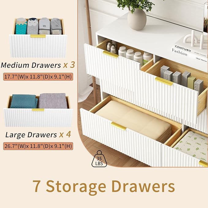 7 Drawers Dresser for Bedroom,55" Wide Fluted Dresser with Deep Drawers, Modern Chest of Drawers, Wood TV Stand Storage Organizer for Closet, Living Room, Hallway, White