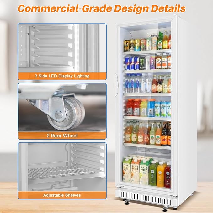Commercial Beverage Refrigerator, 24.5" Glass Door Display Fridge, 15 Cu.Ft Beverage Cooler with 5 Adjustable Shelves, Auto Rebound Door, Low Noise, for Shops, Restaurants & Bars WHITE