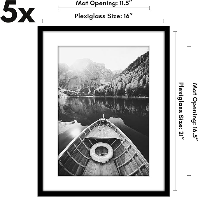Americanflat 16x21 Picture Frame with Polished Plexiglass - Set of 5 - Use as 12x17 Frame with Mat or Display 16x21 Photo Without Mat - Galleria Collection - Picture Frames for Wall Display - Black