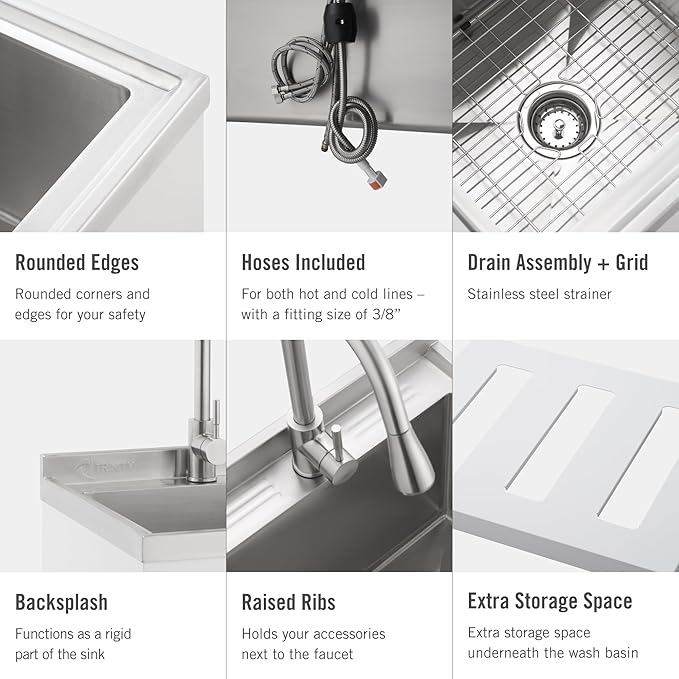 TRINITY THAPWH-0327 Stainless Steel Freestanding Single Bowl Utility Sink for Garage, Laundry Room, Commercial Use, Includes Pull-Out Faucet, NSF, UPC and cUPC Certified, 21.5" x 22" x 49.2", White