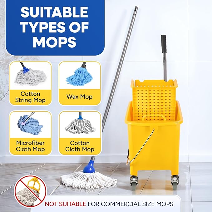 Mop Bucket with Wringer on Wheels Small 5 Gallon, Heavy Duty Dual Chamber Industrial Mop Bucket Separate Dirty Water, Perfect for Business Household, 20 Quart Yellow