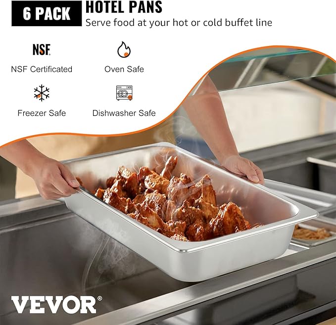 VEVOR Hotel Pans Full Size 4-Inch Deep, Steam Table Pan 6 Pack,0.8mm Thick Stainless Steel Anti Jam Steam Table Pan for Home, Party, Restaurant, Hotel, Buffet