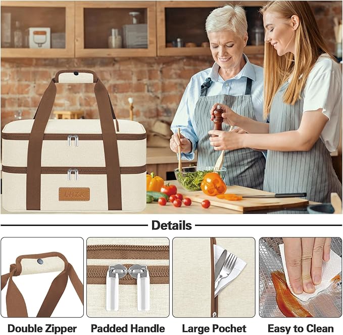 LHZK Double Decker Insulated Casserole Carrier for Hot or Cold Food, Expandable Hot Food Carrier, Lasagna Holder Tote for Potluck Parties, Picnic, Beach, Fits 11 x 15 or 9 x 13 Baking Dish (Beige)